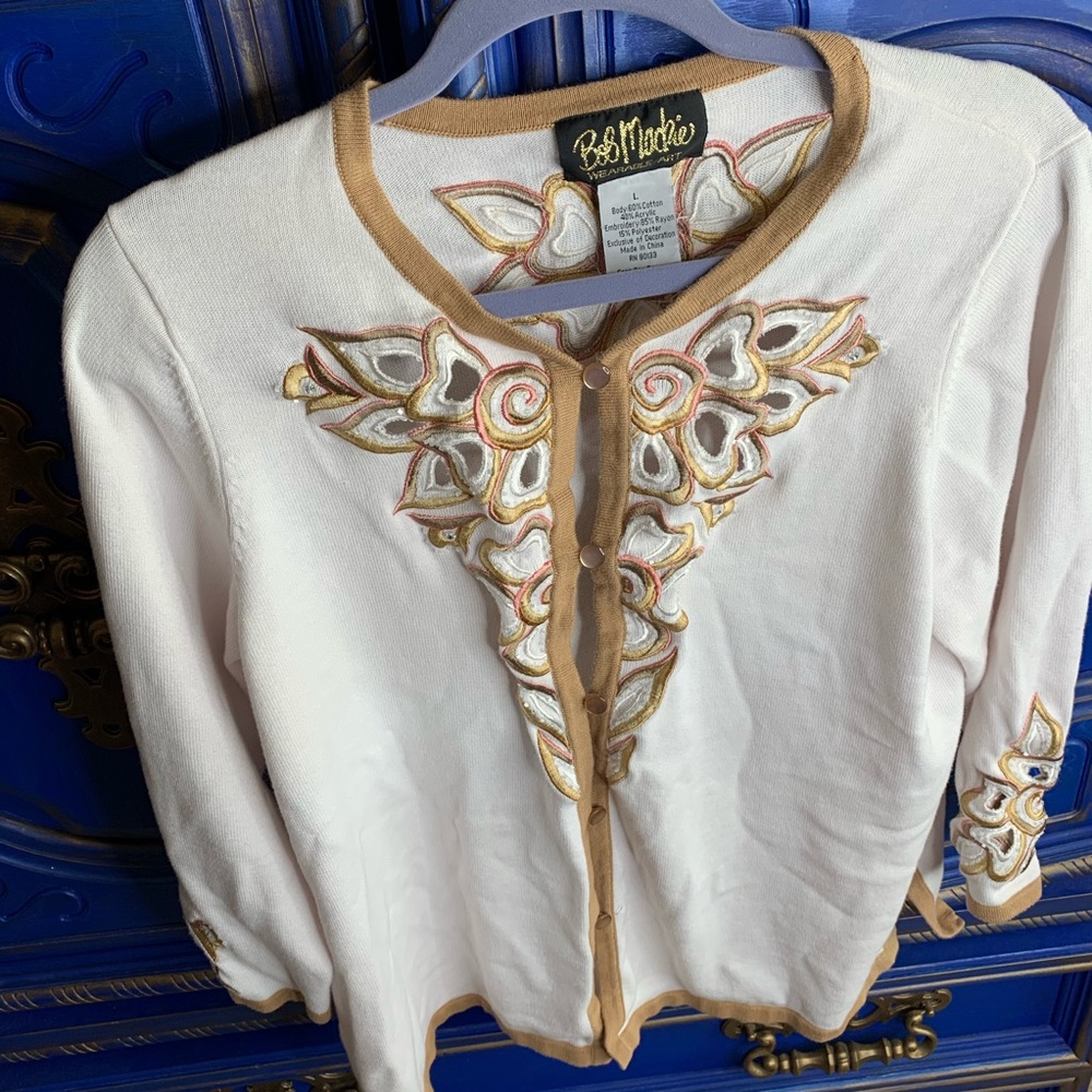 Bob Mackie Wearable Art Floral Cardigan Beaded LG